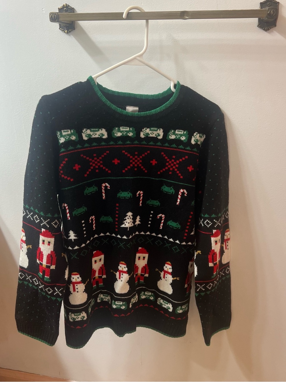 Holiday Time Black Crewneck Sweater with Red, Green & White Holiday Motifs